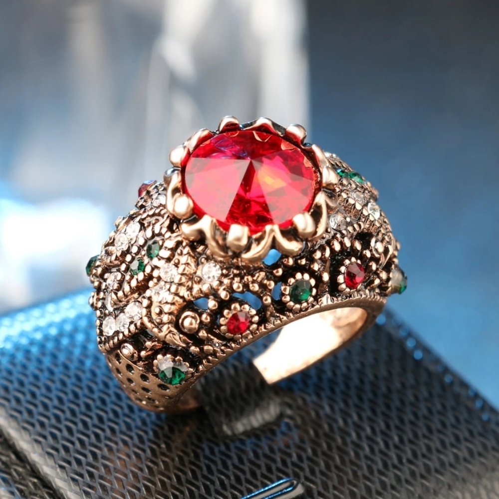 Boho Red Satellite Stone Crystal Antique Gold Ring